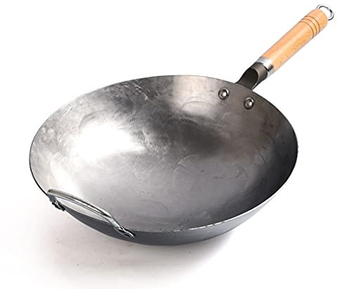 KELUNIS Wok Chino De Acero Al Carbono con Oreja Wok De Hierro Grande para Martillar Hecho A Mano Sartén Saludable Antiadherente Sin Revestimiento Utensilios De Cocina A Gas,34cm/13.4inch