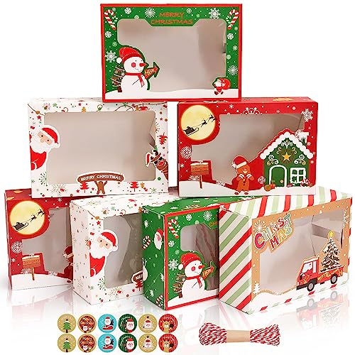 12PCS Christmas Cookie Boxes - 4 Colors, Recyclable Kraft Bakery Cupcake Candy Treat Boxes with Window, Colorful Kraft Paper Gift Boxes for Christmas New Year Winter Holiday Party Favor Supplies