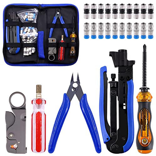 Tanstic 25-teiliges Koaxialkabel-Crimper-Werkzeug-Set, inklusive Koax-Crimpzange und Koaxial-Abisolierzange, Drahtkabelschneider, F-Kompressionsstecker und Schraubendreher für Kabelfernsehen, Video