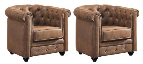 Vente-unique-Lote de 2 sillones Chesterfield de Microfibra Envejecida