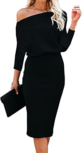 Ezbelle Women's Off The Shoulder Batwing 3/4 Sleeve Ribbed Casual Party Loose HIPS-Wrapped Bodycon Midi Dress Black Small