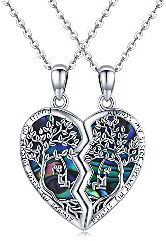 Friggem 2 colgantes de árbol de vida hermana 925 Collar de hermanas de plata Colgante en forma de corazón Cadena de 18.0 inch árbol de la vida amistad joyas regalos para mujeres hermana