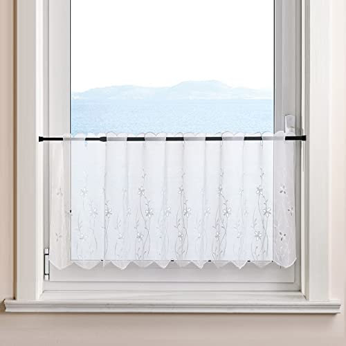 ESLIR Scheibengardine Landhaus Bistrogardine Küche Gardinen Transparent Kurzstore Voile Vorhänge mit Stickerei Kurzgardine Bestickt Weiß #2 HxB 30x90cm 1 Stück