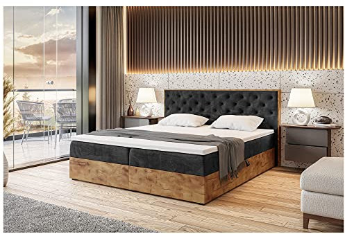 MEBLINI Boxspringbett mit Bettkasten - Gepolstert Doppelbett mit Matratze und Topper - Polsterbett mit Stauraum - Bett mit Kopfteil - Stauraumbett - Lofty 3-160x200 - H3/Schwarz Samt