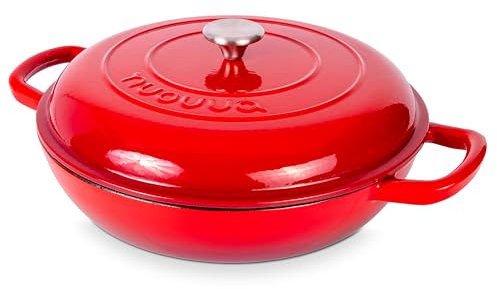 Shallow Cast Iron Casserole with Lid – Non Stick Dutch Oven Pot, Oven Safe up to 500° F – Sturdy Ovenproof Stockpot Cookware – Enamelled Cooking Pot – Red, 5-Quart, 32cm – by Nuovva