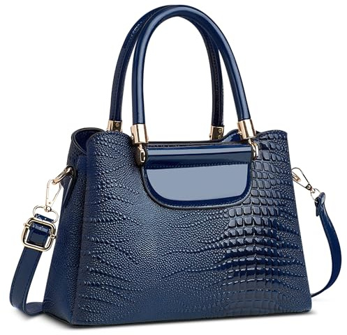 FOLOVEYA Damen Handtasche Mode Krokodilmuster Frauen Henkeltaschen Umhängetasche Elegant Tote Taschen Klein Shopper Schultertasche PU Leder für Arbeiten Reisen Dating mit Viele Taschen Blau