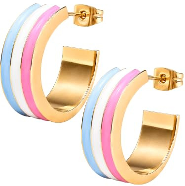 THIORA Creolen Ohrringe Damen Gold Edelstahl Emaille Mehrfarbig | 20 mm | Pink-Weiß-Hellblau | Goldfarbener Look | Emaille-Streifen | Soft Statement für Sommerlooks