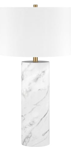 Henn&Hart 29.5 Glam 1-Light Table Lamp with White Fabric Drum Shade for Living Room, Bedroom, or Office, Carrara/Gold