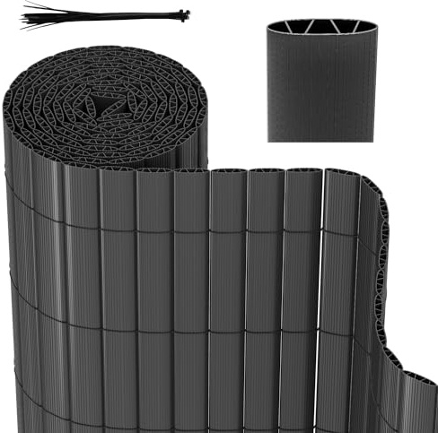 Herrselsam Brise-vue en polychlorure de vinyle avec serre-câbles, résistant aux intempéries, pour jardin, balcon, terrasse, structure interne en W, lamelles renforcées, gris, 100 x 600 cm