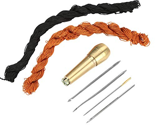 Septpenta Punteruolo da Cucito con Manico in Rame, Kit Punteruolo da Cucito con Aghi per Riparazione Scarpe Fai da Te, 18M Linee Marrone Nero Fili per Cucire O Riparare Tela, Pelle, Scarpe