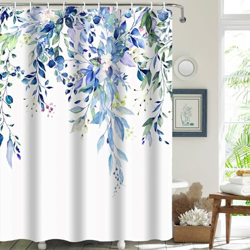 Duschvorhang Blau Textil Anti-schimmel Wasserdicht mit 12 Haken 180x220 cm | Waschbar Duschvorhänge Shower Curtains für Badezimmer, Maschinenwaschbar, Schnell Trocknend Blaue Pflanzen