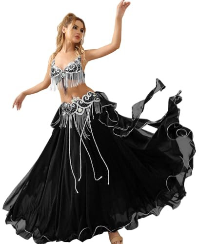 ROYAL SMEELA Bauchtanz-Kostüm-Set für Damen, Bauchtanz-BH und Gürtel, Chiffon, Tanzröcke, professionelles Outfit, 3-teilig, 02-schwarz, Mittel
