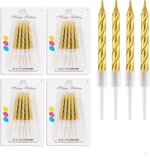 Lohill 40 Stücke Geburtstagskerzen, Spiral Metallisch für Torte, Kuchenkerzen Mit Halterung, Cupcake, Kurze Dünne für Geburtstag Hochzeit Party Kuchen Dekorationen (Gold)