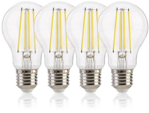 FLSNT Glühbirne E27 4000K Kaltweiss, 7W (Ersetzt 60W), A60 LED Filament Edison Glühbirne E27, 806LM Leuchtmittel, Nicht Dimmbar, Klar Glas, 4 Stück