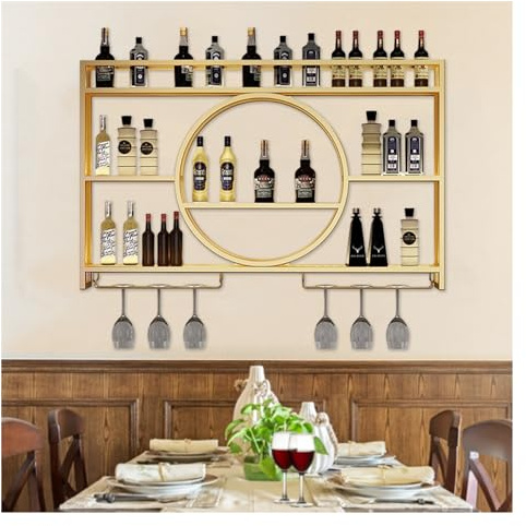 Porte Bouteille Mural Avec Lumière LED,Range Bouteille,Etagere Vin,Casier À Vin,Étagère De Support Mural,Étagère Murale En Verre,Rangement Bouteille,Meuble Bar Pour Cave A Vin Cuisine,Noir/Or ( Color