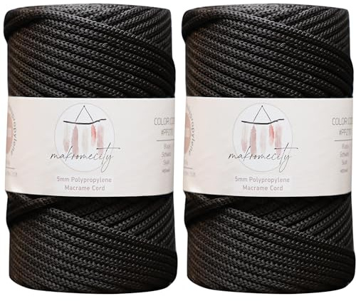 Makromecity, 2 nyanser av polyester makramé sladd 5 mm x 104 meter (37 fot) 5 mm polypropen svart makramé sladd virkad makramé väska sladd hantverk för vägghängningar, väskor, underplatta, matta