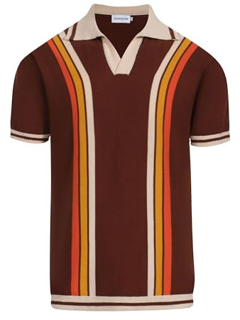 OXKnit Polo skjorta herr kortärmad pikétröja stickad vintage 1960-talet mod style retro pikétröja, braun strimlor, XL