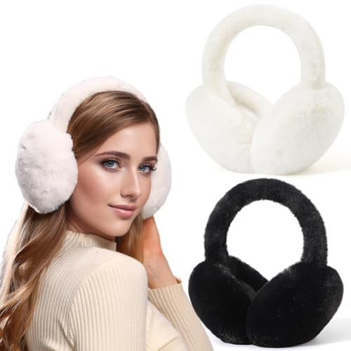 Dwenarry Warm Ear Muffs for Winter Women - Faux Fur Black Earmuffs, Foldable Warmer, Ladies Covers 2Pack