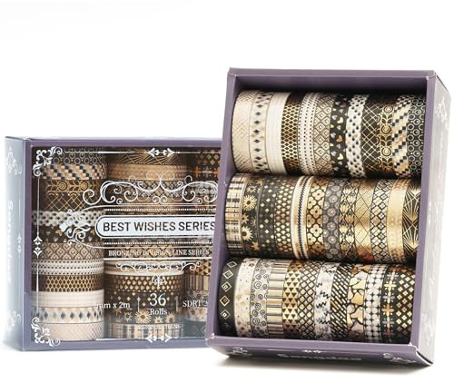 Songdao 36 rullar tunn folie guld washi tejp set maskeringstejp färgglada för barn, scrapbooking tillbehör, bullet journals, pysselplanerare, hantverk och gör-det-själv (svart och guld)
