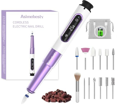 Asimebesty Torno para Uñas Profesional, 12 en 1 Lima Electrica Uñas Nail Drill Machine 20,000 RPM Velocidad Ajustable, Recargable por USB, Torno Uñas para Manicura y Pedicura Eléctrico para Salón DIY