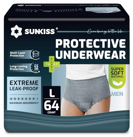 SUNKISS Pañales para Hombre con Incontinencia L, Gris, 64 Uds | Alta absorción, control de olores, protección antifugas y ajuste cómodo para la incontinencia masculina diaria