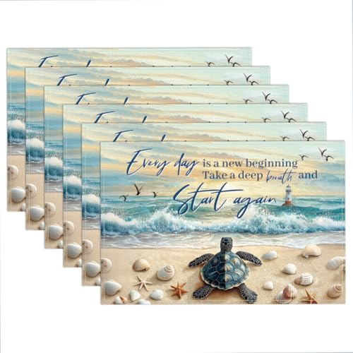 WADORN Tischsets Mit Meeresschildkröte 6er Set, 45x30cm Strandschildkröte Jeder Tag ist EIN Neuer Anfang Tischset Aus Stoff rutschfeste Platzset Aus Leinen Waschbar Hitzebeständig Platzset Für Küchen