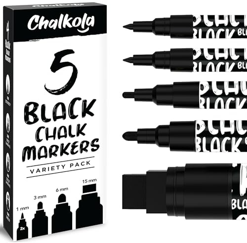 Chalkola 5 Black Liquid Chalk Markers for Blackboard, Chalkboard Signs, Car Windows, Glass - Washable Black Dry Erase Markers | Variety Pack - Fine & Jumbo Size Chalk Pen (1mm, 3mm, 6mm, 15mm)