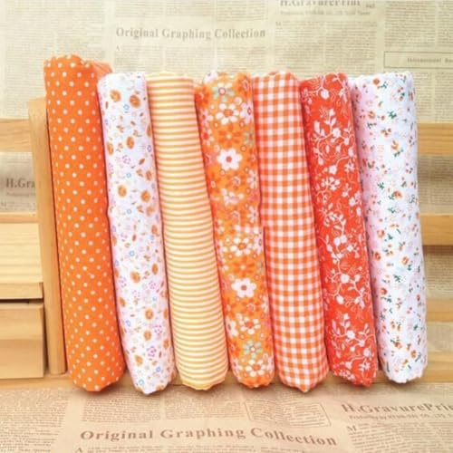 7 Pcs Orange Cotton Craft Fabric Bundle Squares Patchwork DIY Sewing Scrapbooking Quilting Floral Dot Pattern Craft and Sewing Hobby Fabric 10 x 10 (25cm x 25cm)