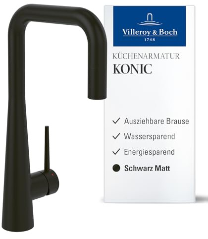 Villeroy & Boch Konic robinetterie de cuisine avec douchette extractible et pivotante à 360°, haute pression, hauteur du bec 143 mm, commande par poignée précise, Noir Mat