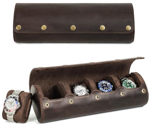 CONTACT'S FAMILY Scatola Portaoggetti per Orologi, Custodia Protettiva per Orologio in Vera Pelle a 4 Fessura, Confezione Regalo per Orologio, Organizer per Orologio per Uomo e Donna (4 slot, caffè)