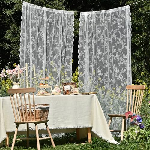 YKAFADE 2 Stück Spitze Vorhang Gardinenschal Blumen Muster Gardinen Transluzente Vintage Romantisch Dekoschal Ösenvorhänge Tüllvorhänge Fensterschal für Wohnzimmer Schlafzimmer -75x60cm(BxL),Weiße