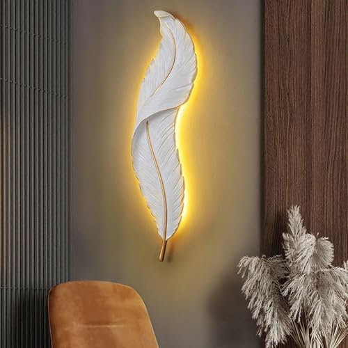 Lätt LED-fjäder väggdekor, modern fjäderväggkonst skulptur med ljusremsa, lyxig fjäderväggkonst, stor lysande fjäderdekoration för sovrum, M