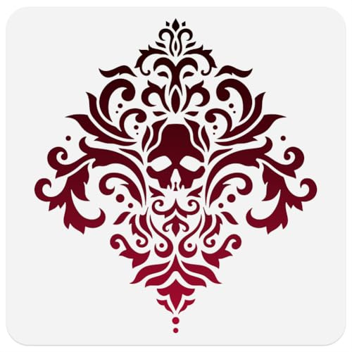 Totenkopf Damast Schablone Zum Malen 30 × 30cm Wiederverwendbare Gespleißte Halloween Schablonen Zeichenvorlage Barock DIY Handwerk Farbe Vorlage Wand Home Holz Brennen Karte Journal Leinwand