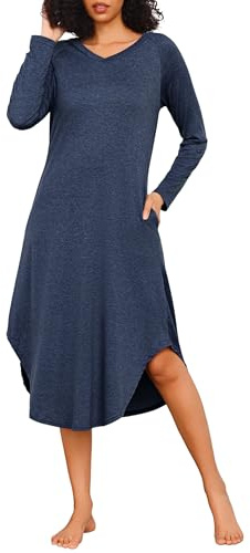 Marvmys Camicia da Notte Donna Cotone Scollo a V Camicie da Notte Manica Lunghe Comodo Ampio per Casa Casuale
