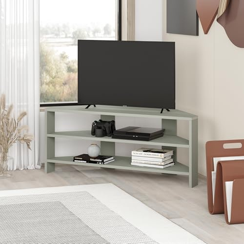 HOCUS PICUS Corner TV Unit with 2 Shelf for Living Room, Office ext. Modern Design, TV Stand 32 Inch TVs, Multi Colour Options for Decorations (Ash Green)