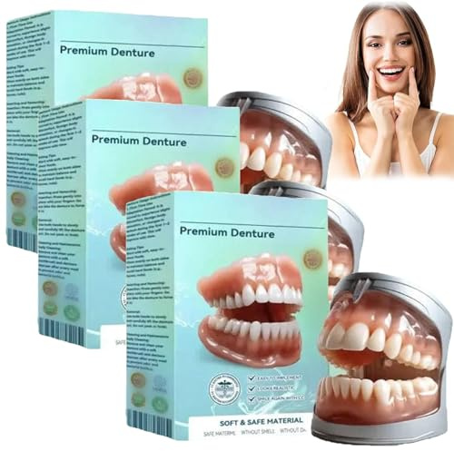 Lenreey Premium Zahnersatz, Bikenda Premium Vollprothesen, Bikenda Zahnprothesen, Zahnersatz Prothese Komplett, Bikenda Silikon Zahnprothesen-Haftmittel, Für Männer Und Frauen (3PCS)