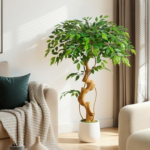 Keeplush Artificial Plant Ficus Tree 120 cm with White Planter, Artificial Plants with Curved Tree Trunk and 930 Leaves, Artificial Tree for Indoor Decoration, Living Room, Bedroom, Office
