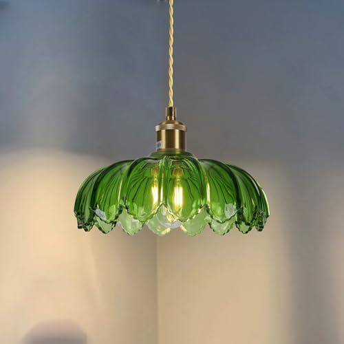 bomiel Pendelleuchte Glas Grün Vintage, Blumenform Ø25 cm, höhenverstellbar bis 150 cm, E27 Fassung, Vintage Pendelleuchte Glas für Esszimmer, Kücheninsel, Schlafzimmer (ohne Leuchtmittel)