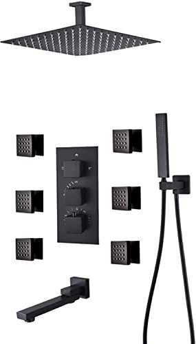 Système de douche thermostatique avec robinet dissimulé anti-brûlure, ensemble mural 6 jets de corps et pommeau de douche cascade de 25,4 cm, finition noire mate.