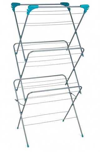 KAYNUR 3-Tier Clothes Airer - Foldable Indoor Drying Rack, 28 Bars Laundry Dryer Stand, Collapsible Clothes Horse with Non-Slip Feet, Portable Steel Folding Airer for Indoor & Outdoor Use