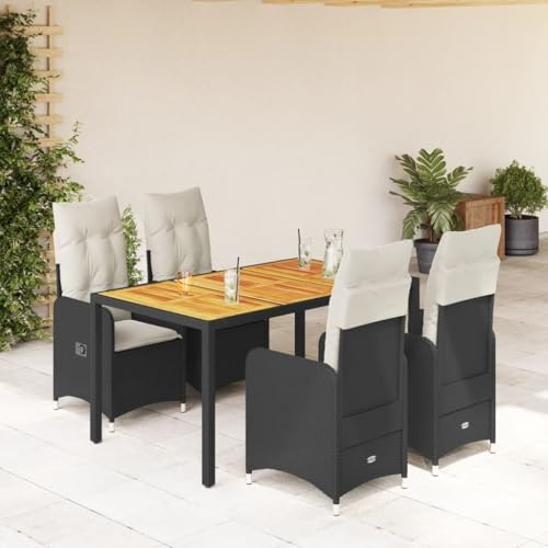 Set di 5 bistrò da giardino in polyrattan nero, regolabile in legno di acacia, cuscino bianco crema, resistente ai raggi UV, resistente alle intemperie, per balcone, terrazza e giardino