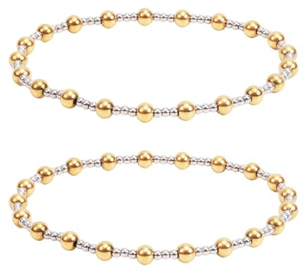 2 Pzs Pulsera para Mujer de Metal Mixto, 16cm Pulsera Cuentas Chapada en Oro Brazalete Elástico Acero Inoxidable Accesorios Joyería Ajustables Bicolores Dorados y Plateados Resistentes al Agua