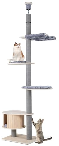 COSTWAY Kratzbaum deckenhoch, 236-271 cm, von Boden bis Decke, 5-stöckiger Katzenbaum, Dicke Stämme, Katzenkratzbaum hoch, Kletterbaum mit Höhle, Plattform & Hängematte, Katzen Katzenmöbel Holz, Grau
