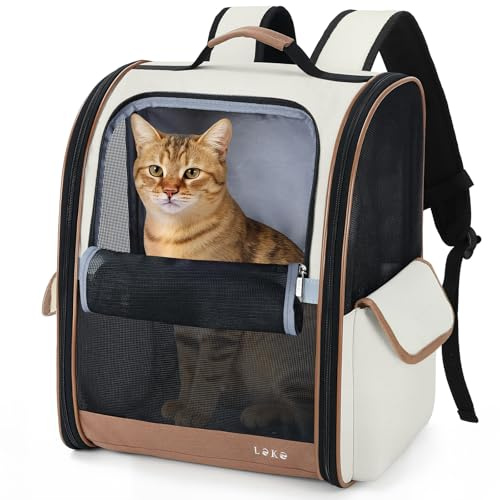 Lekesky Katzen Rucksack Hunderucksack für Mittel/Kleine Haustiere(2-10KG), KatzenRucksack mit Netzfenster für Wandern, Reisen, Outdoor (Beige, L)