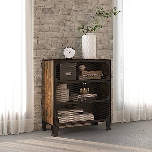 GeenYuu Aufbewahrungsschrank Rustikal Braun 72x36x82 cm Metall und MDF mit 3 Maschengitter-Türen, 2 Regalböden, Stauraum für Büro, Keller, Garage, Flur, Hauswirtschaftsraum