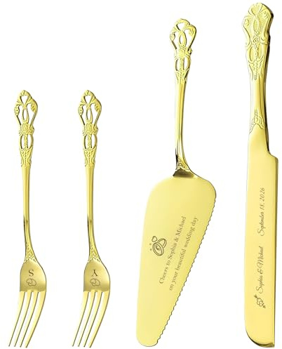 KKHH Ensemble personnalisé couteau et pelle à gâteau de mariage en acier inoxydable avec prénom et date gravés, cadeau pour liste de mariage, enterrement de vie de jeune fille, anniversaire (or)