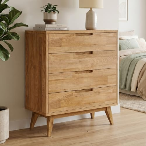 skølm Floki Kommode 80x40x90 cm, mit 4 Schubladen, Massivholz Eiche Natur | Kommodenschrank & Fußrahmen, stabil, hochwertiges Sideboard Wohnzimmer, Holz geölt, Schlafzimmer/Esszimmer/Flur