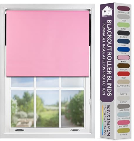 FURNISHED Blackout Roller Blind with Metal Fittings Trimmable Insulated Thermal Fabric Heavy-duty Easy Install Brackets Window Roller Blinds - Pink, 120W x 165H cm