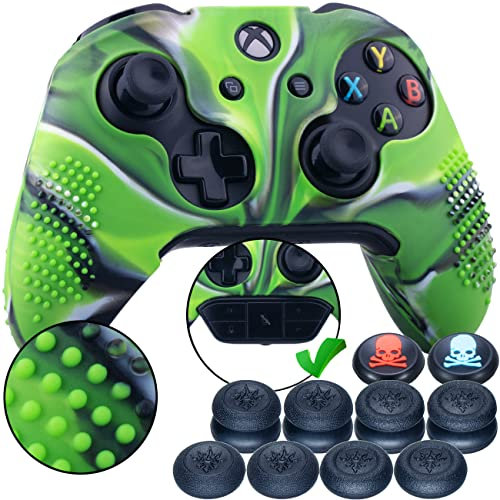 9CDeer 1 Stück von Silikon Abdeckung Haut Ärmel Fall Cover Skin Hülle 8 Thumb Grips Daumengriffe Analoge Kappen Aufsätze zum Xbox One/S/X Controller Tarnung grün mit Offizieller Stereo Headset Adapter