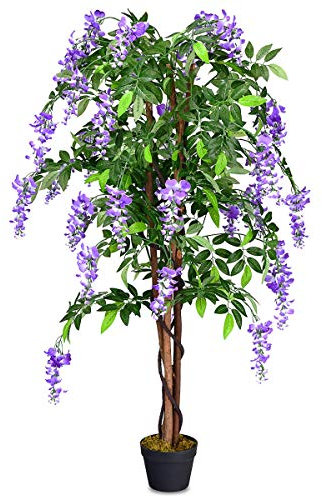 COSTWAY Pianta Finta da Interno da 150 cm, Albero con Glicine Artificiale in Vaso da Interno ed Esterno, Pianta Artificiale per Salotto, Camera da Letto e Balcone